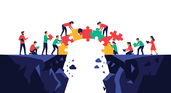 A diverse team of people collaborates to build a bridge of colorful puzzle pieces across a wide chasm, symbolizing teamwork, connection, problem-solving, and overcoming obstacles.