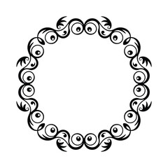 A black and white illustration of a circular border with swirling patterns and eyes