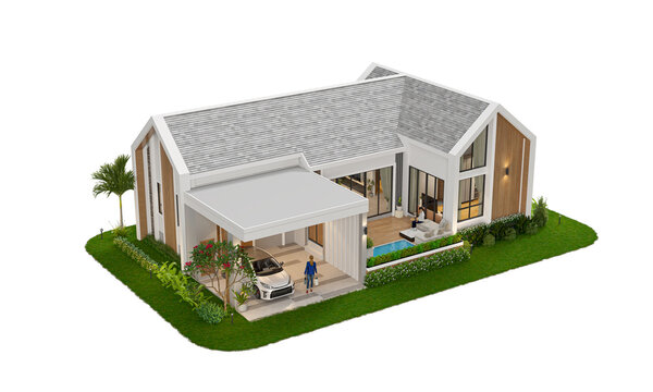 3D illustration of a modern L-shaped Nordic style house featuring a white gable roof, wood accents, a carport, and a small swimming pool on a green lawn.