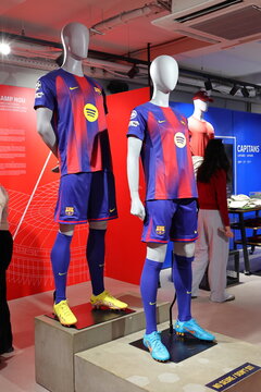Futball club Barcelona football jerseys displayed at FCBotiga store in Spain,  11 july 2025.