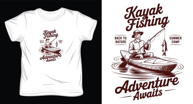 Kayak fishing vector t-shirt design, back to nature summer camp adventure awaits, fishing man vector graphic