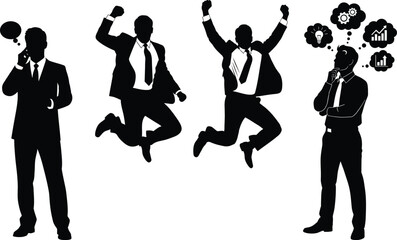 Silhouettes of businessmen in various poses celebrating success