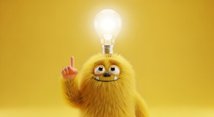 Cute yellow monster with light bulb on its head pointed finger up on yellow background. Banner template of idea and creativity concept for business inspiration or educational advertising, copy space.