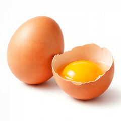 "Close-Up Brown Egg with Cracked Shell Revealing Bright Yellow Yolk on White Background &mdash; Fresh Farm Egg Food Photography"