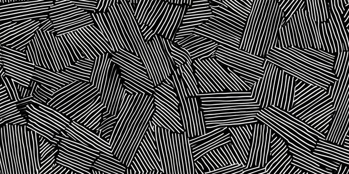 Abstract black and white artwork. Rectangular shapes formed from parallel lines overlap