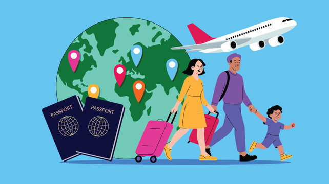 Happy family traveling abroad with passports, airplane and world map, illustrating international travel, vacation journey, tourism, flight booking and global holiday concept illustration 