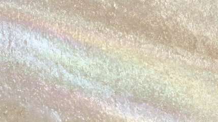 Iridescent pearl surface reflecting soft pastel rainbow spectrum, abstract background showing glossy texture and shimmering light effect