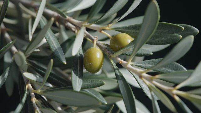 Close up of unripe green olives on a branch with detailed leaves and dark background