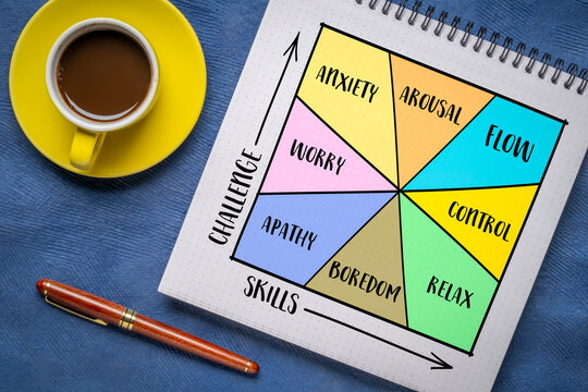 mental states (flow, control, relaxation, boredom, apathy, worry, anxiety, arousal) as a function of challenge and skill level - psychological concept