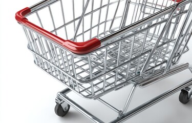 Close-up of a chrome shopping cart with a red handle, against a white background