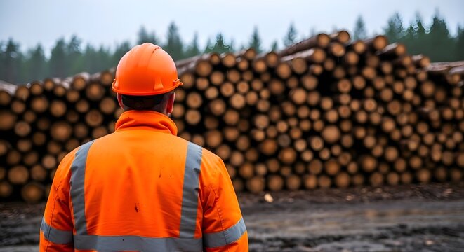 Timber Industry: Rear view of lumberjack in orange high visibility jacket looking at massive wood log pile, forestry management, wood processing, industrial supply chain and ecology concept