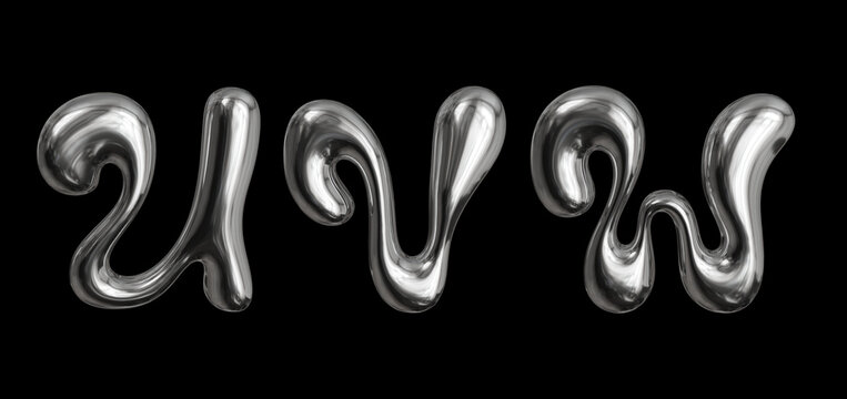 3D chrome liquid metal alphabet set U V W on transparent background