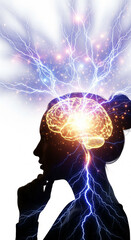 Obraz premium Silhouette of Thinking Woman with Glowing Brain and Lightning Bolts Concept Vertical