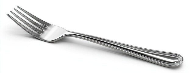 Gleaming silver fork with tines angled slightly up, lying on white background