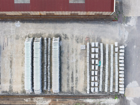 Aerial View of Precast Concrete Tunnel Segments in Yard