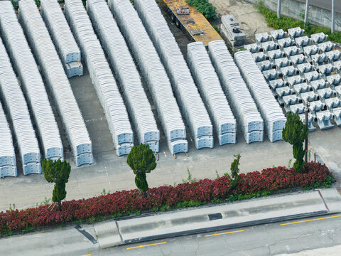 Stacked Precast Concrete Components at Industrial Factory Yard