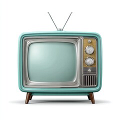 Vintage teal TV with antenna and wooden legs, isolated on white background