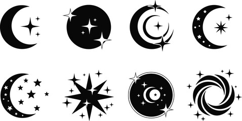 Obraz premium Black and white celestial vector icon set, minimalist line art moon and star symbols, mystical astronomical ornaments for graphic design