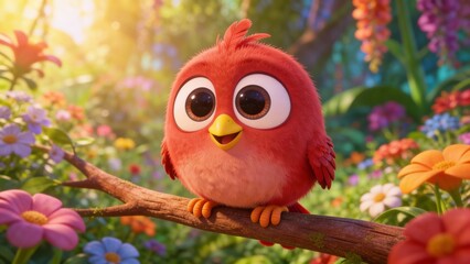 Happy little red bird perched on a tree
