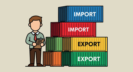 Vector illustration of a businessman standing beside stacked import and export shipping containers, for logistics or business concept, Isolated on transparent background, png