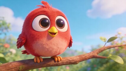 Happy little red bird perched on a tree
