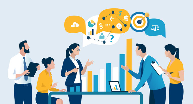 Planning. The team leader analyzes the rising chart placed on the table. Business vector illustration. 
