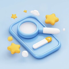 Cartoonish digital search concept phone, magnifying glass, search bar, stars, and clouds