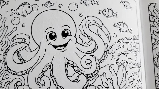 A smiling octopus is surrounded by various fish and coral in an underwater scene. The cheerful octopus features large eyes and is drawn in a cartoon style.