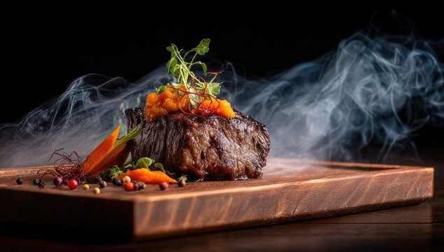 Appetizing, perfectly seared steak on a wooden board with garnish and wispy smoke