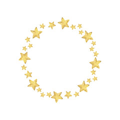 Watercolor frame of yellow stars. Round border for cards and invitations, isolated on a white background. For children's parties, birthdays, weddings.