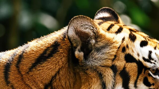 Close Up Of A Majestic Tiger Head With Black Stripes And Orange Fur In Natural Daylight With A Soft Green Blurred Background Detailed Texture Of Fur And Ears