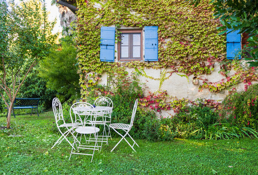 Charming Ivy-Covered Garden with Blue Shutters and White Patio S