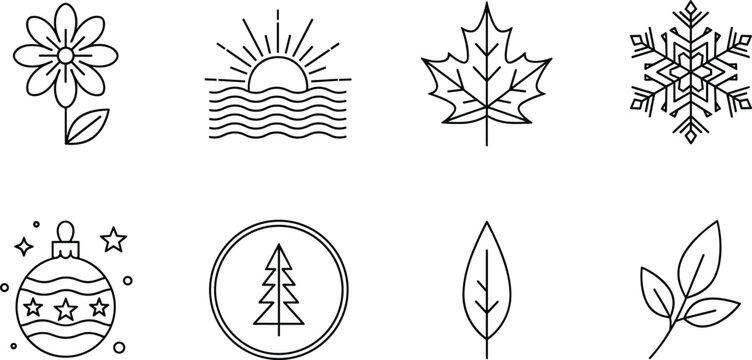 Black and white seasonal vector icon set, minimalist line art nature symbols, sun leaf snowflake flower ornaments, simple graphic design