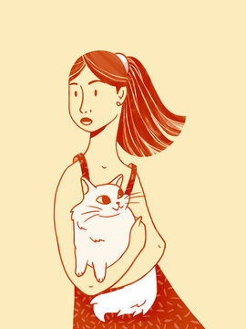 Woman holding white cat with affection