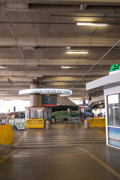 Washington, DC, US - May 12, 2022: Bus terminal inside the Union Station parking garage complex a hub for land ground transportation throughout the mid Atlantic region