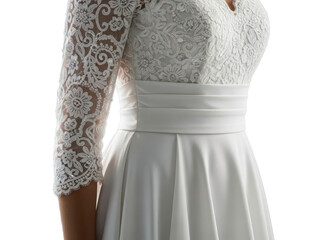 Elegant white lace wedding dress with long sleeves and a fitted bodice isolated on transparent background