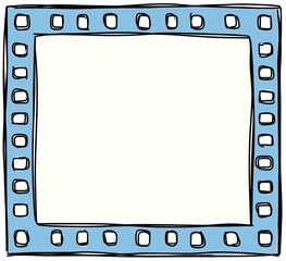 Blue, sketched filmstrip frame with rectangle holes around a central, white open space