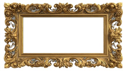 Golden ornate rectangular frame, detailed relief design, empty center, isolated on white