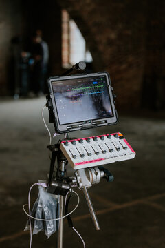 Audio and visual equipment setup in a dim studio