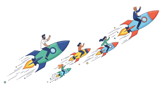 Business Team Launching Rocket Ships, Innovation, Startup Growth and Fast Progress Concept Flat Vector Illustration
