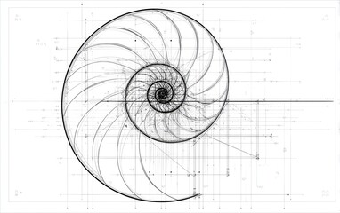 Obraz premium Detailed black and white illustration of a nautilus shell superimposed on a grid