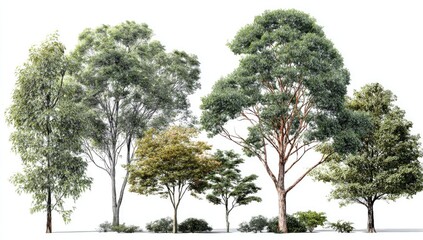 Assortment of diverse trees and shrubs isolated against a stark white backdrop