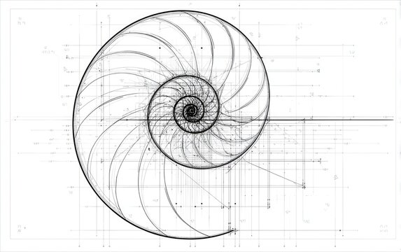 Detailed black and white illustration of a nautilus shell superimposed on a grid