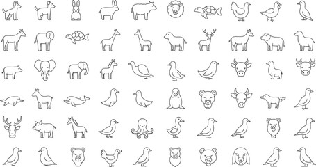 Minimalist animal line icon set featuring domestic pets, wild safari animals, farm livestock, birds, and sea creatures for educational children's books and web design. © MDFiroj