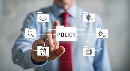 Fototapeta premium A person in a blue shirt and red tie touches a central virtual folder labeled POLICY, which is digitally linked to multiple other folders displaying icons like scales, a shield, and a checklist.