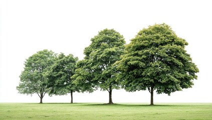 Four vibrant green trees stand in a grassy field against a stark white backdrop