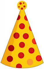 A bright yellow, cone-shaped party hat with red polka dots and a circular top