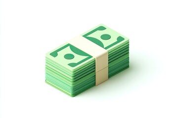 Isometric view of a stack of green banknotes bound with a white paper strap