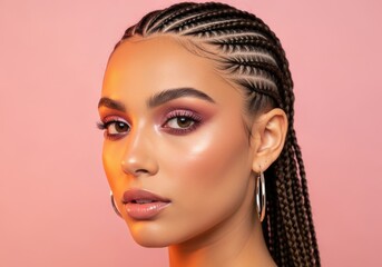 Fototapeta premium A woman with braided hair and pink makeup posing against a pink background.