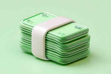Stack of green paper bills bound with a white strap, on a light green surface
